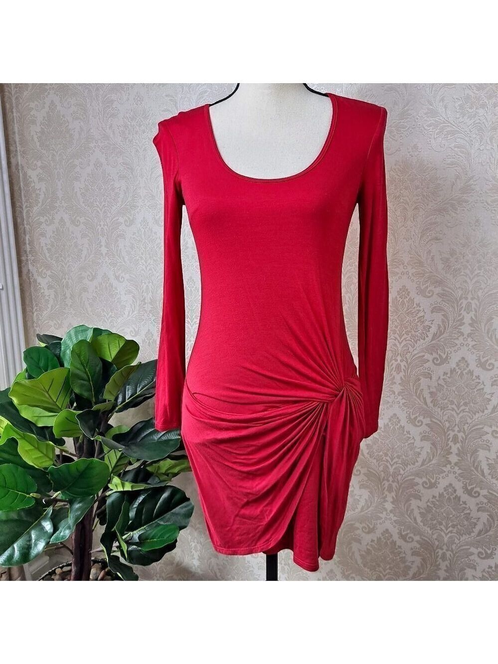 Trina Turk Size P Red Mini Dress Long Sleeve Knot Front Draping Scoop Neck EUC